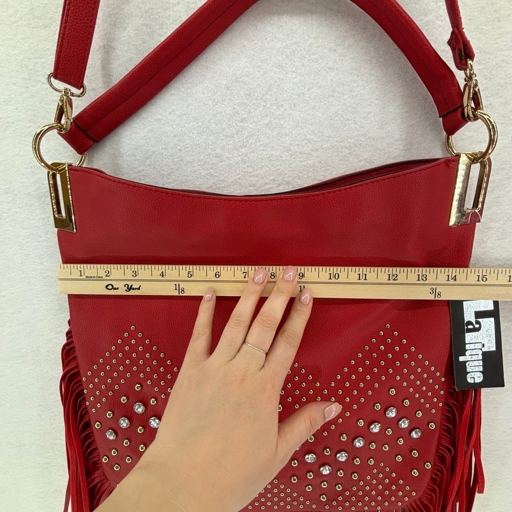 LaTique Red Studded Fringe Hobo Bag Vegan Leather Boho Western Festival Cowgirl - Picture 9 of 13